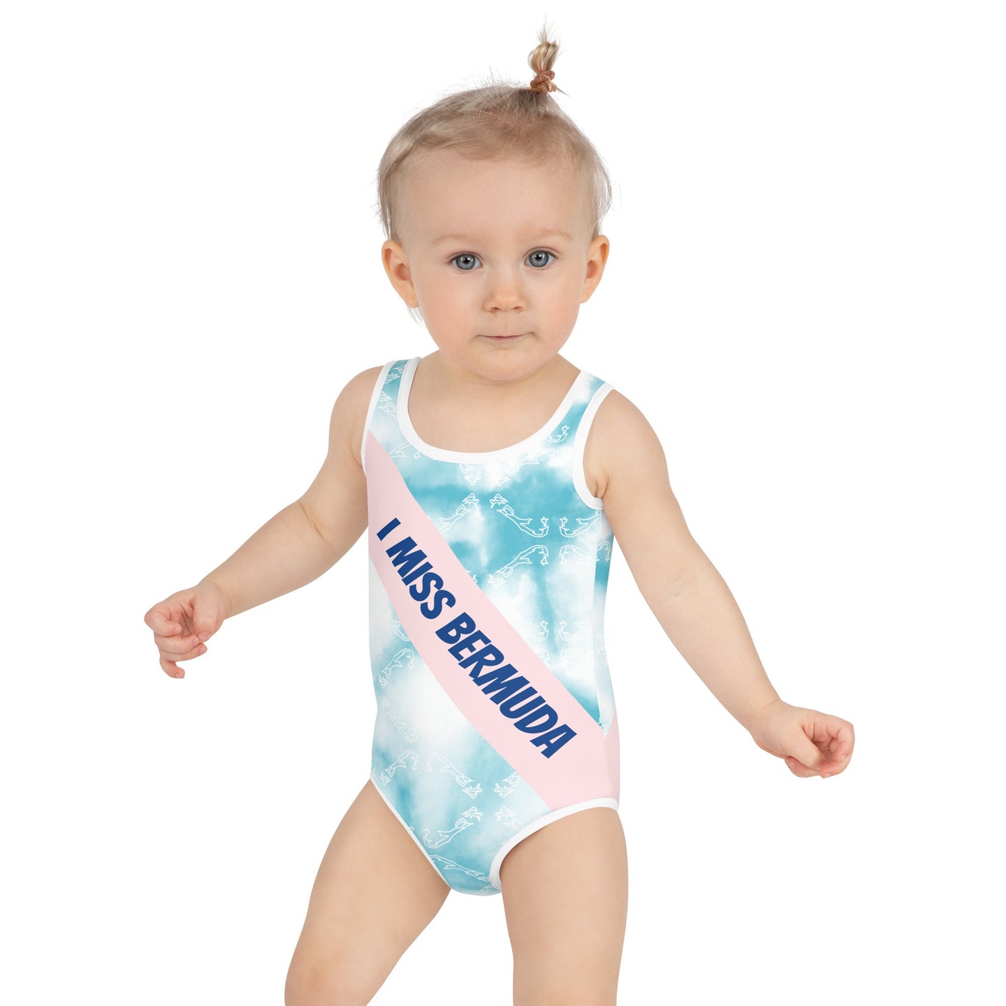 ELLE F WADE P ELLE PINK I MISS BERMUDA KID'S SWIMSUIT, Sky Map, White SteevTeez