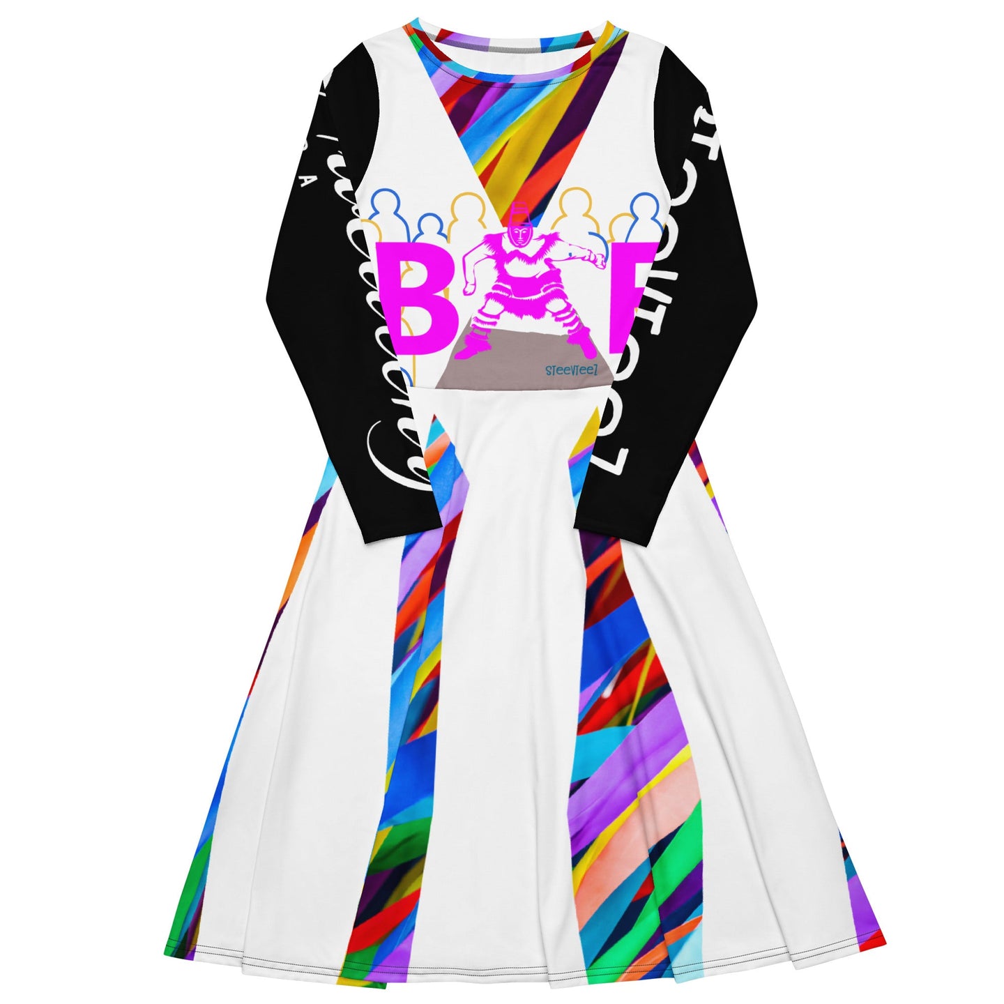 CHURCH & STATE GOM-BAE WITH BLACK QUEENAHBDA ON BACK MIDI DRESS, Multi/White, Black Sleeve SteevTeez